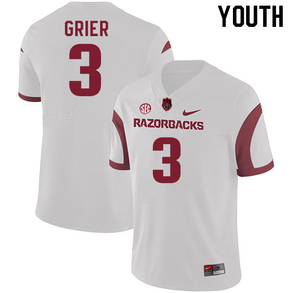 Youth #3 Antonio Grier Arkansas Razorback College Football Jerseys Stitched Sale-White - Click Image to Close